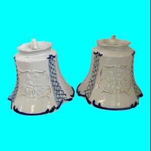 VTG Pair Victorian Porcelain Vanity Lamp Shades, Blue & White, SHADES ONLY
